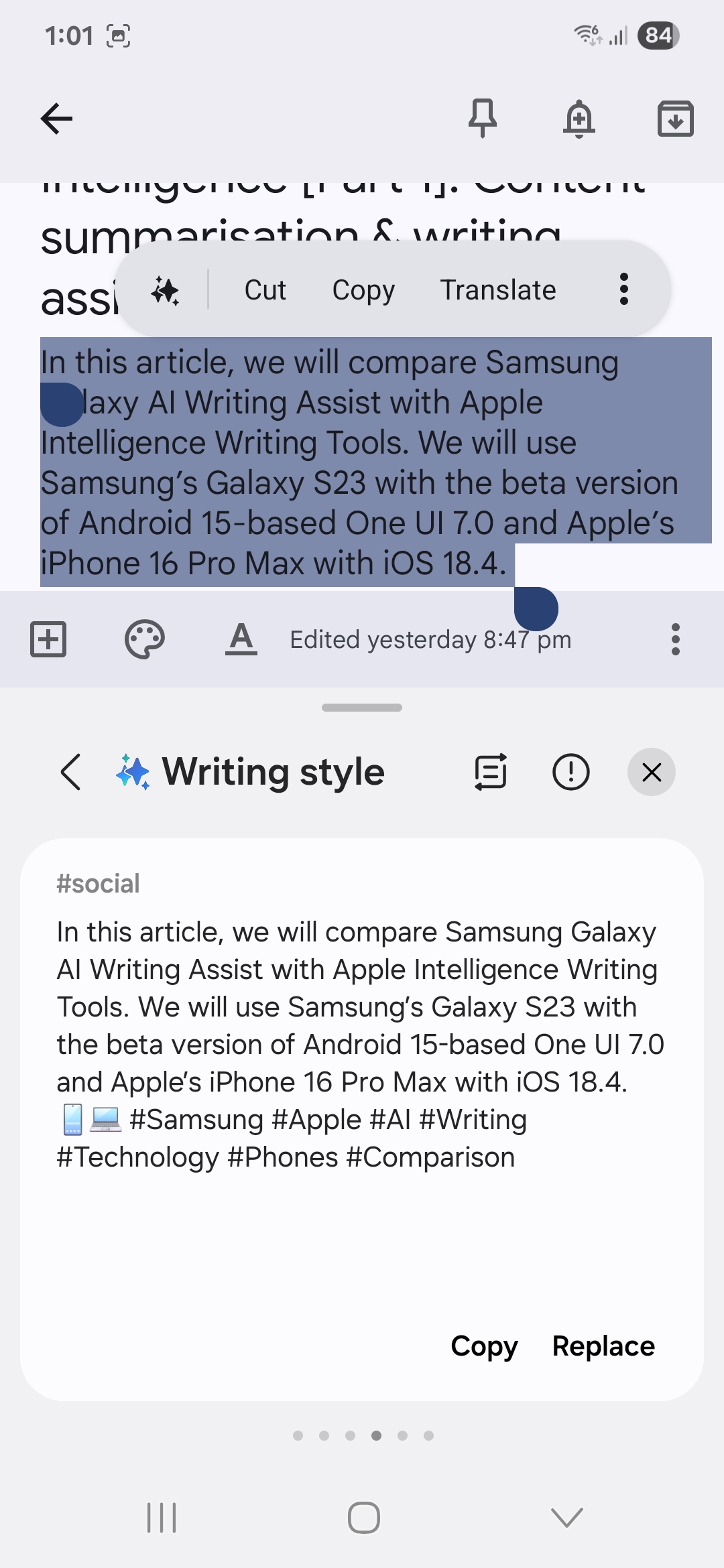 Samsung Galaxy S23 Samsung Galaxy AI Writing Assist (15) Google Keep Galaxy AI Writing Style Social