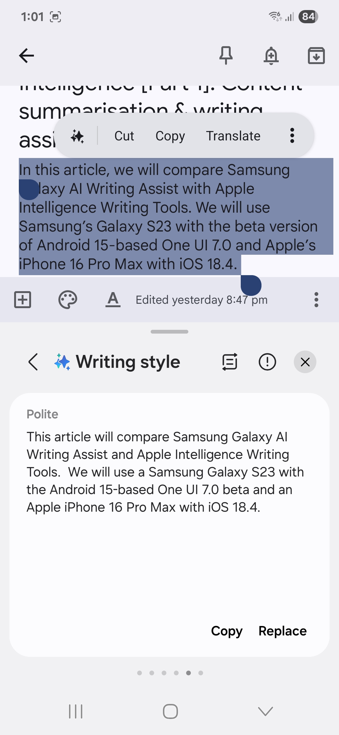 Samsung Galaxy S23 Samsung Galaxy AI Writing Assist (16) Google Keep Galaxy AI Writing Style Polite