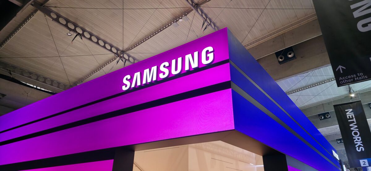 Samsung Logo With Purple Background On A Billboard