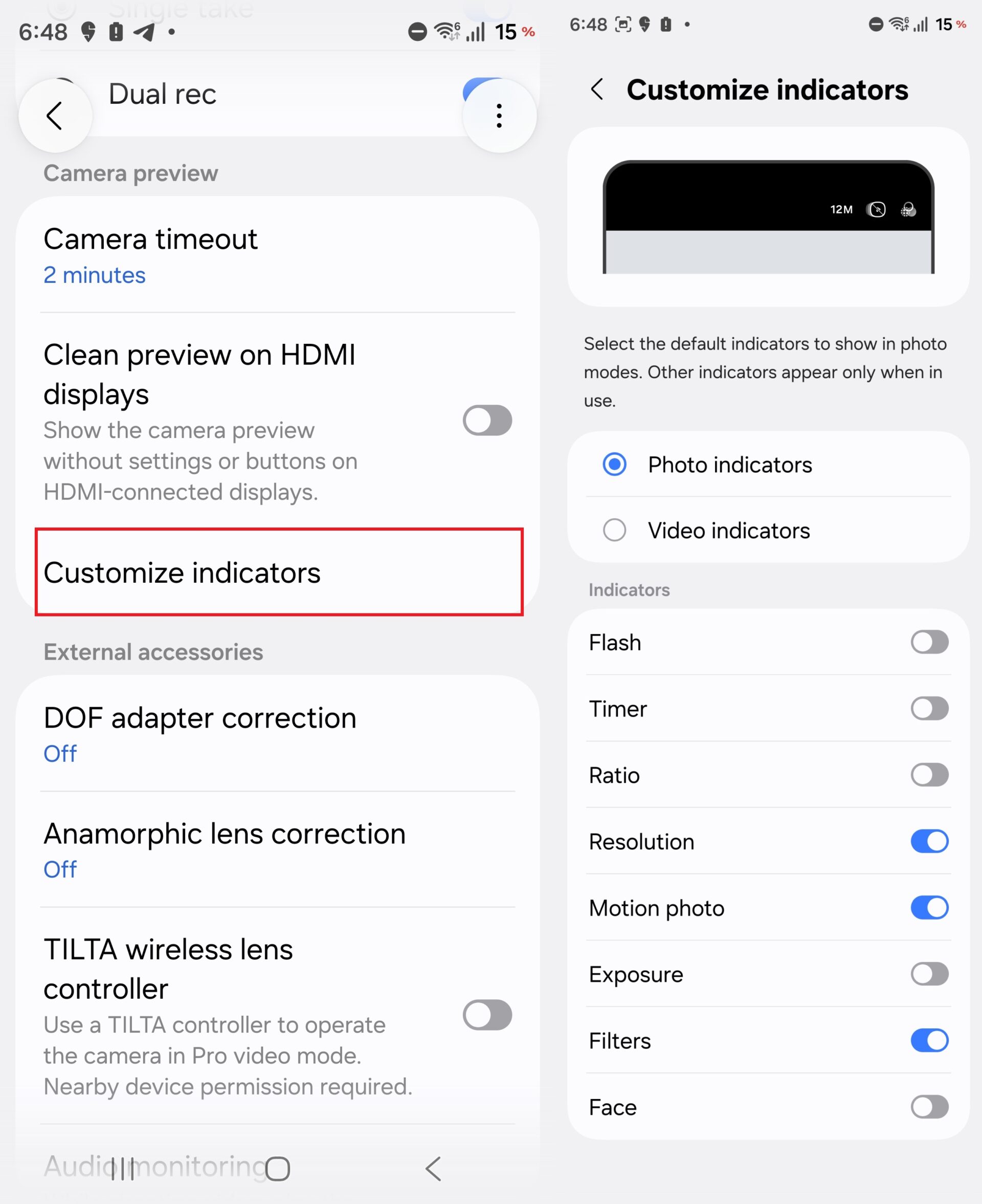 Customizing camera indicators via Camera Assistant
